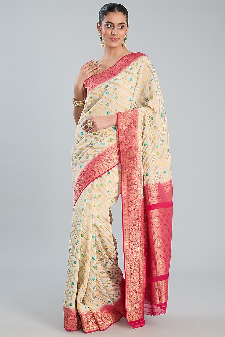 Cream & Pink Pure Chiffon Banarasi Handloom Weave Saree Set by Zal From Benaras