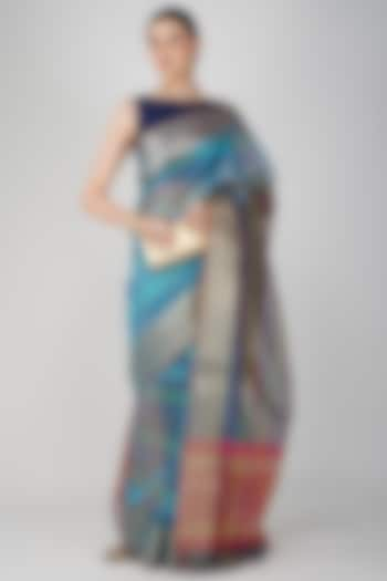 Blue Tissue Silk Hand Embroidered Shaded Banarasi Saree Set by Zal From Benaras at Pernia's Pop Up Shop