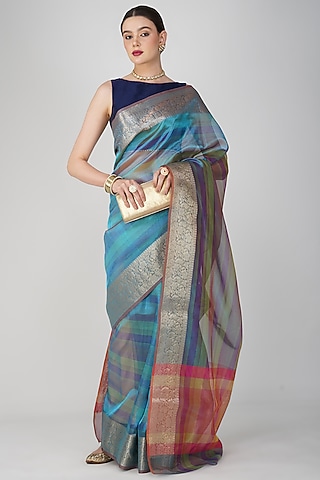 Blue Shaded Tissue Silk Banarasi Handloom Saree Set by Zal From Benaras