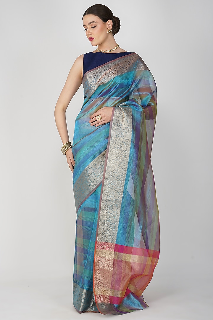 Blue Shaded Tissue Silk Banarasi Handloom Festive Saree Set by Zal From Benaras at Pernia's Pop Up Shop