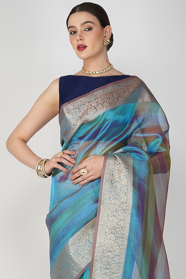 Blue Shaded Tissue Silk Banarasi Handloom Festive Saree Set by Zal From Benaras at Pernia's Pop Up Shop