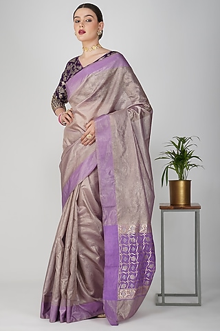 Mauve Crushed Tissue Silk Hand Embroidered Banarasi Saree Set by Zal From Benaras