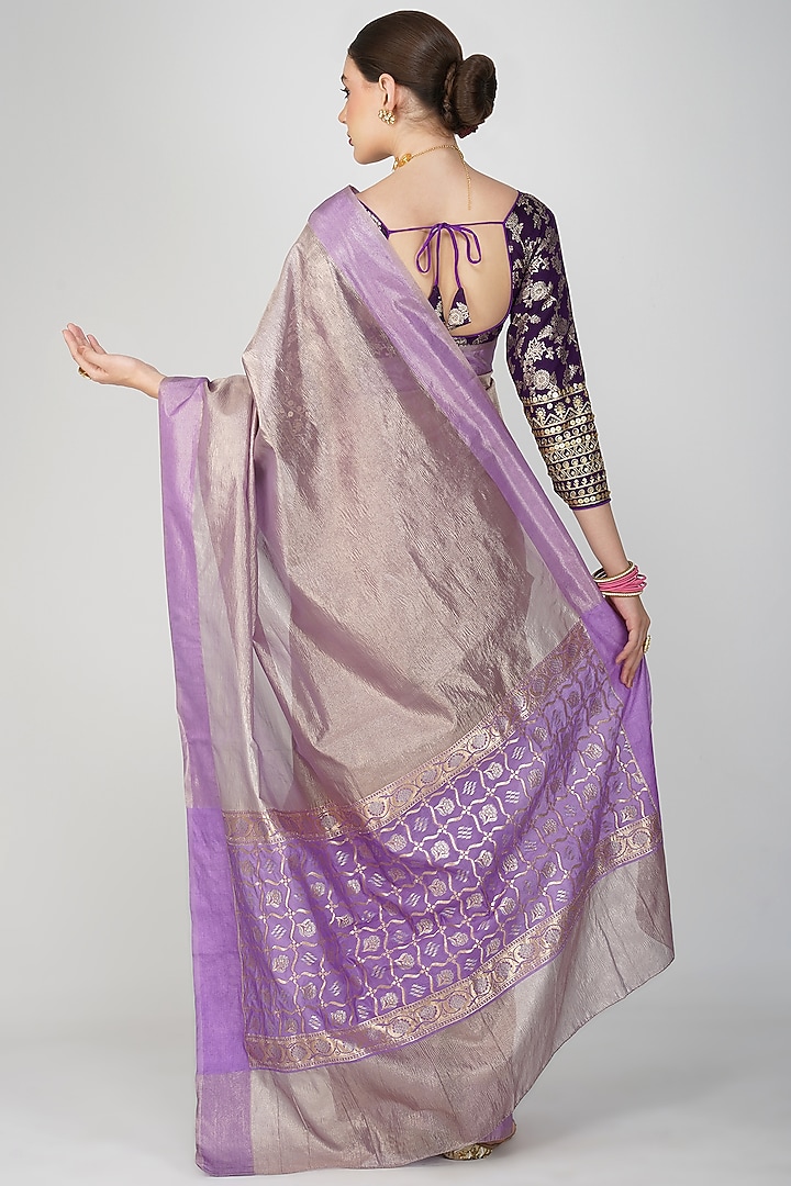 Mauve Crushed Tissue Silk Hand Embroidered Banarasi Party Wear Saree Set by Zal From Benaras at Pernia's Pop Up Shop