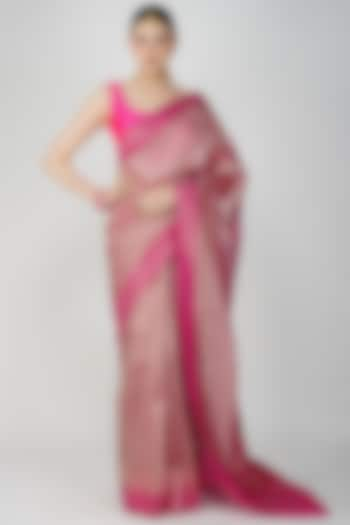 Hot Pink Pure Crushed Tissue Silk Zari Work Handloom Banarasi Saree Set by Zal From Benaras at Pernia's Pop Up Shop