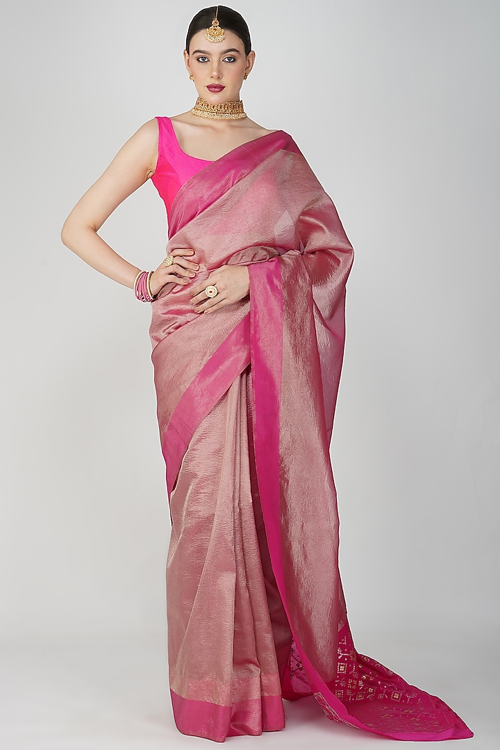 Hot Pink Pure Crushed Tissue Silk Zari Work Handloom Banarasi Saree Set by Zal From Benaras at Pernia's Pop Up Shop