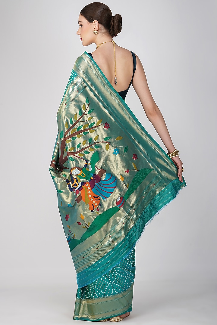 Blue Pure Silk Bandhej Work Festive Saree Set by Zal From Benaras at Pernia's Pop Up Shop