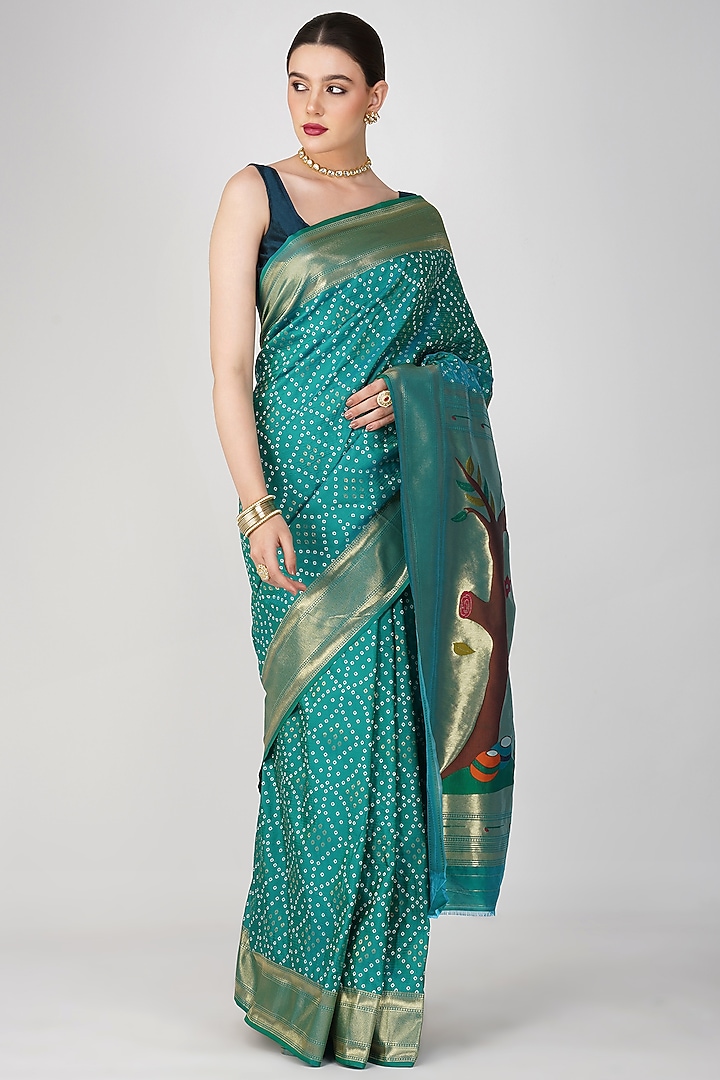 Blue Pure Silk Bandhej Work Festive Saree Set by Zal From Benaras at Pernia's Pop Up Shop