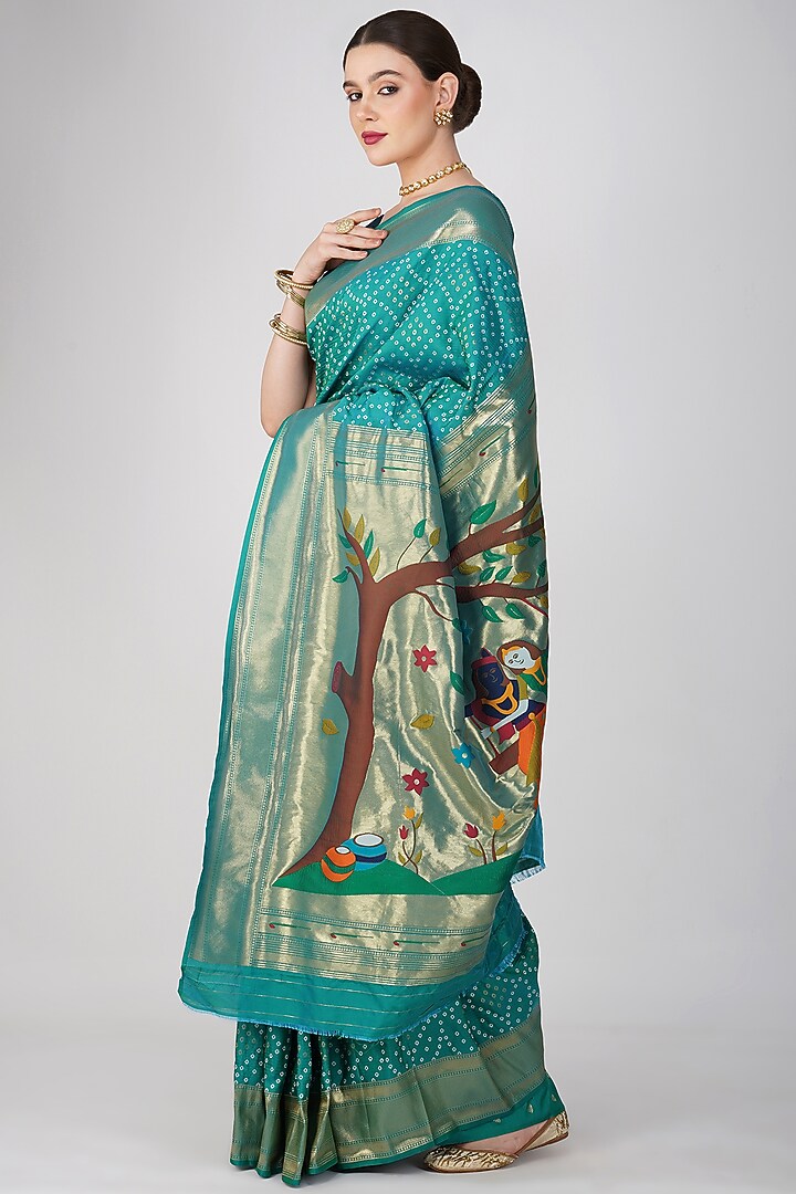 Blue Pure Silk Bandhej Work Festive Saree Set by Zal From Benaras at Pernia's Pop Up Shop