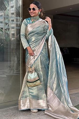 Sky Blue Pure Tissue Silk Hand Embroidered Banarasi Handloom Saree Set by Zal From Benaras