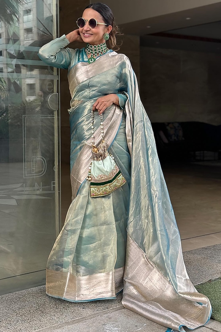 Sky Blue Pure Tissue Silk Hand Embroidered Banarasi Handloom Party Wear Saree Set by Zal From Benaras at Pernia's Pop Up Shop