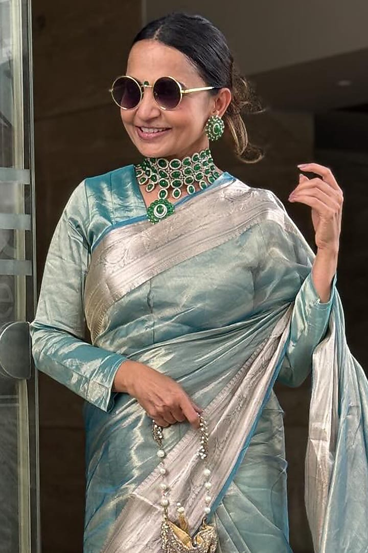 Sky Blue Pure Tissue Silk Hand Embroidered Banarasi Handloom Party Wear Saree Set by Zal From Benaras at Pernia's Pop Up Shop