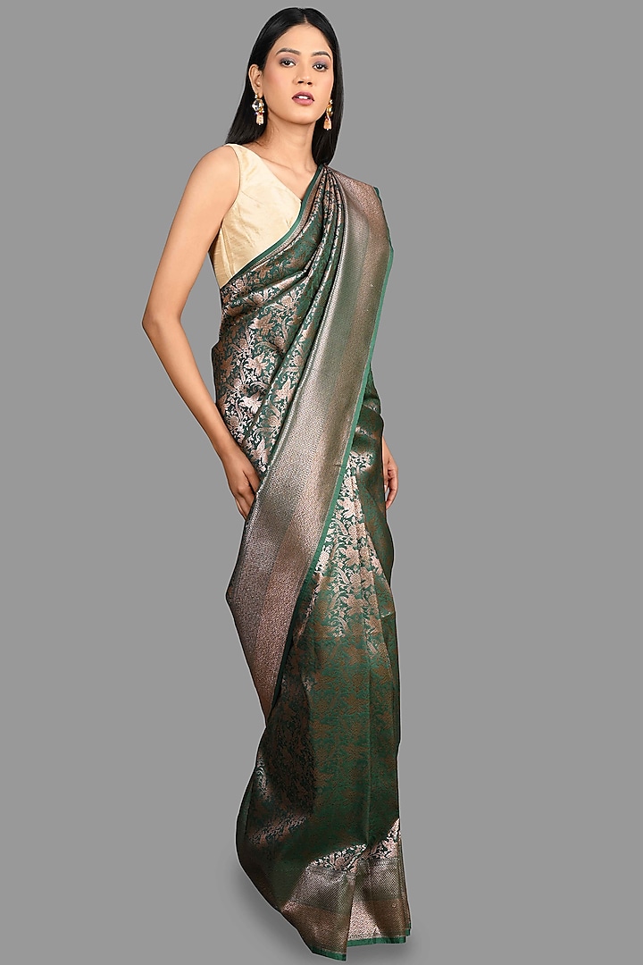 Green Katan Silk Zari Work Banarasi Party Wear Saree Set by Zal From Benaras at Pernia's Pop Up Shop