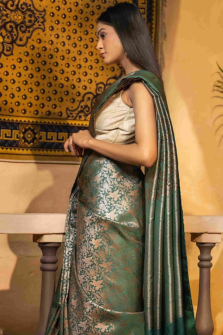 Green Katan Silk Zari Work Banarasi Party Wear Saree Set by Zal From Benaras at Pernia's Pop Up Shop