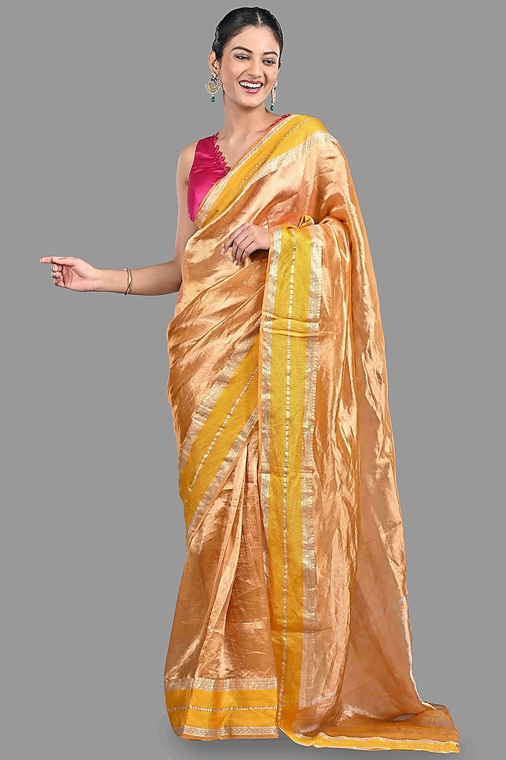 Yellow Pure Tissue Silk Zari Weave Hand Embroidered Banarasi Handloom Saree Set by Zal From Benaras at Pernia's Pop Up Shop