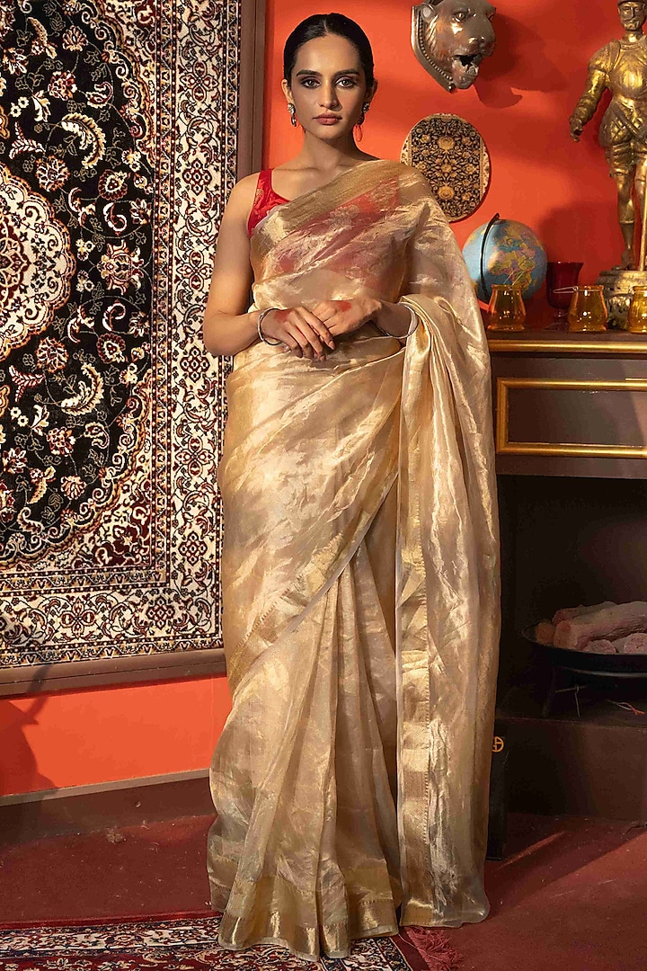 Golden Pure Tissue Silk Banarasi Handloom Saree Set by Zal From Benaras at Pernia's Pop Up Shop