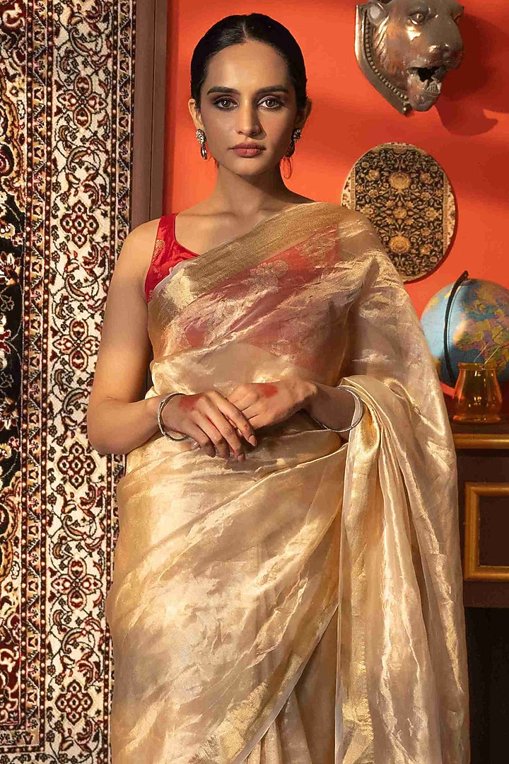 Gold Tissue Silk Banarasi Party Wear Saree Set by Zal From Benaras at Pernia's Pop Up Shop