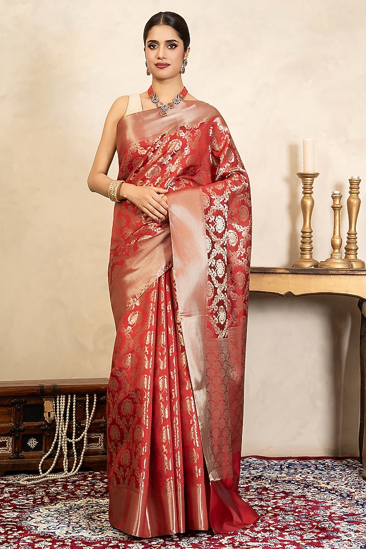 Red Pure Silk Banarasi Party Wear Saree Set by Zal From Benaras at Pernia's Pop Up Shop
