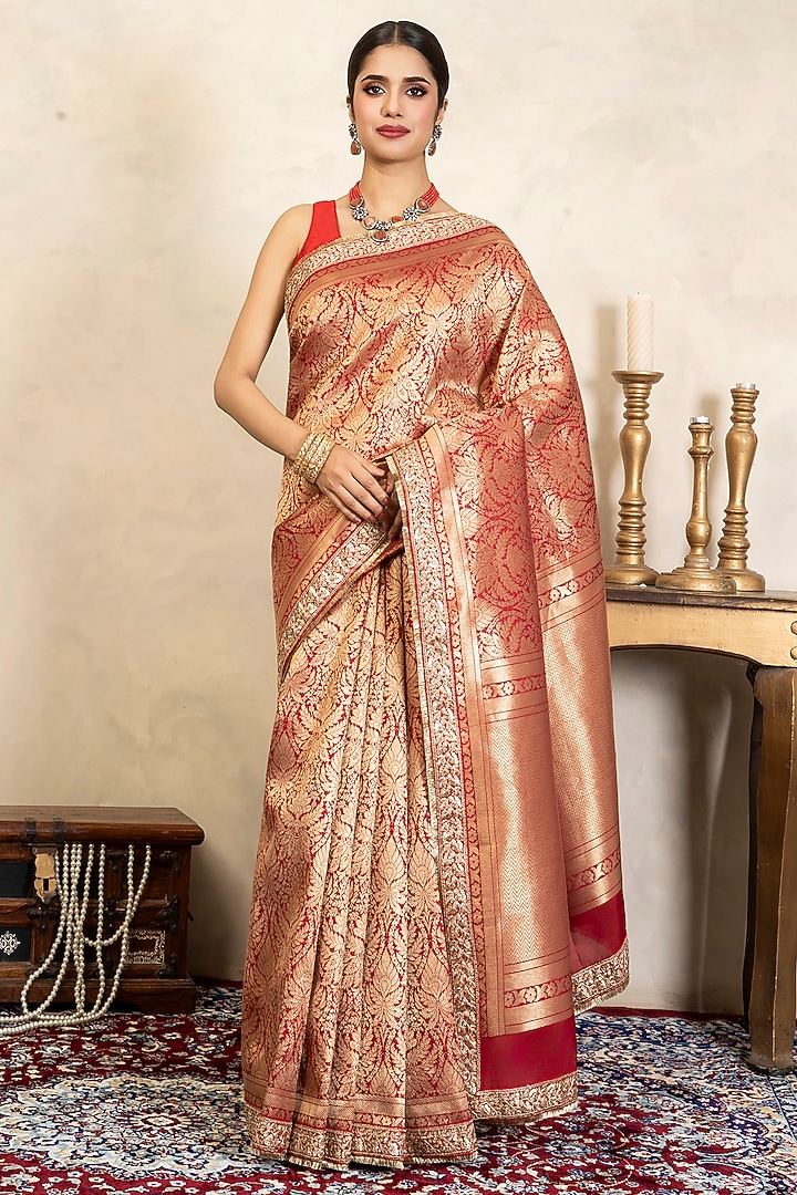 Red Pure Silk Brocade Banarasi Party Wear Saree Set by Zal From Benaras at Pernia's Pop Up Shop