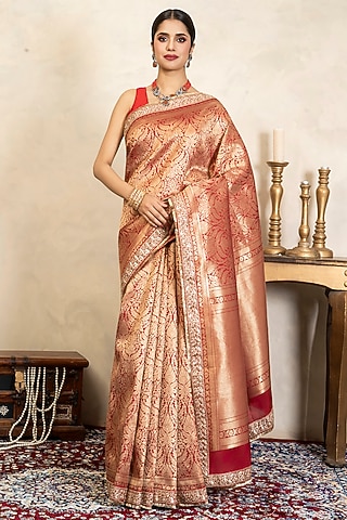 Red Pure Silk Brocade Banarasi Saree Set by Zal From Benaras