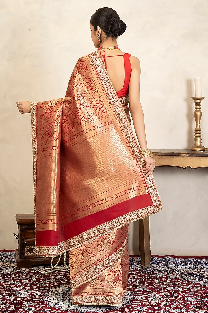 Red Pure Silk Brocade Banarasi Party Wear Saree Set by Zal From Benaras at Pernia's Pop Up Shop