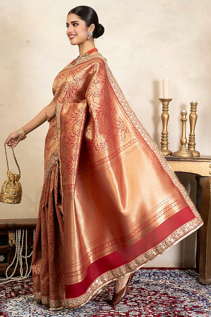 Red Pure Silk Brocade Banarasi Party Wear Saree Set by Zal From Benaras at Pernia's Pop Up Shop