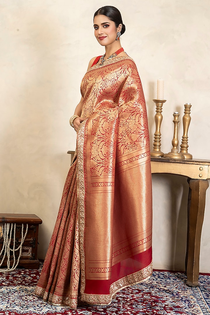 Red Pure Silk Brocade Banarasi Party Wear Saree Set by Zal From Benaras at Pernia's Pop Up Shop