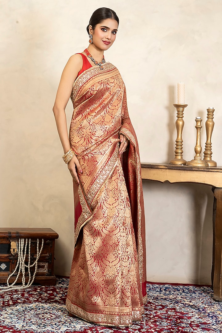 Red Pure Silk Brocade Banarasi Party Wear Saree Set by Zal From Benaras at Pernia's Pop Up Shop