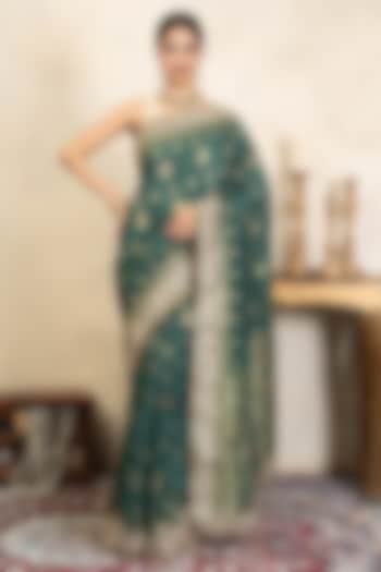 Teal Green Pure Katan Silk Banarasi Party Wear Saree Set by Zal From Benaras at Pernia's Pop Up Shop