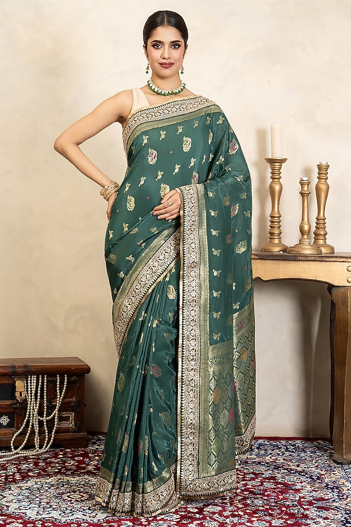 Teal Green Pure Katan Silk Banarasi Party Wear Saree Set by Zal From Benaras at Pernia's Pop Up Shop
