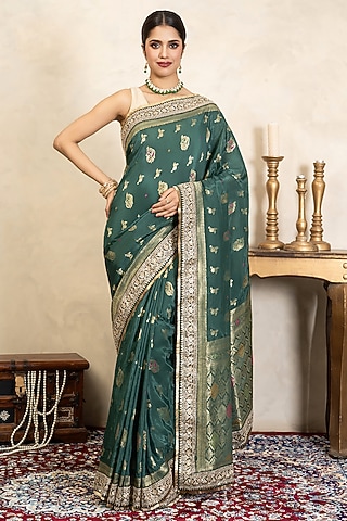 Teal Green Pure Katan Silk Banarasi Saree Set by Zal From Benaras