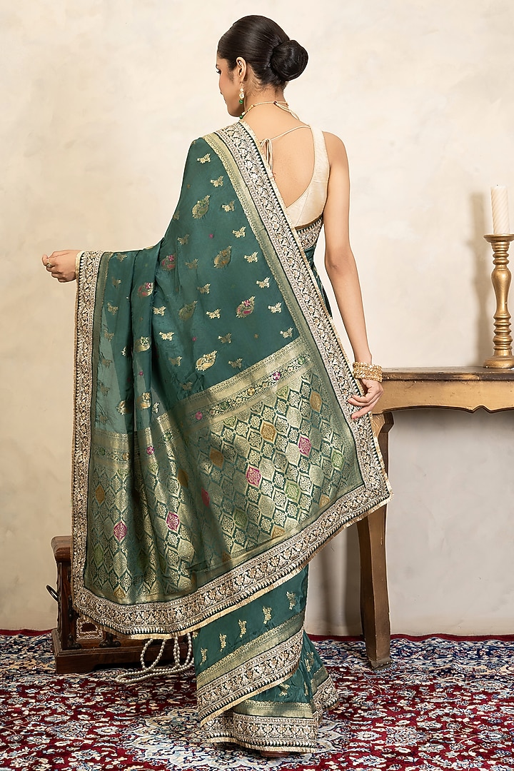 Teal Green Pure Katan Silk Banarasi Party Wear Saree Set by Zal From Benaras at Pernia's Pop Up Shop