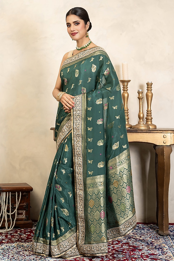 Teal Green Pure Katan Silk Banarasi Party Wear Saree Set by Zal From Benaras at Pernia's Pop Up Shop