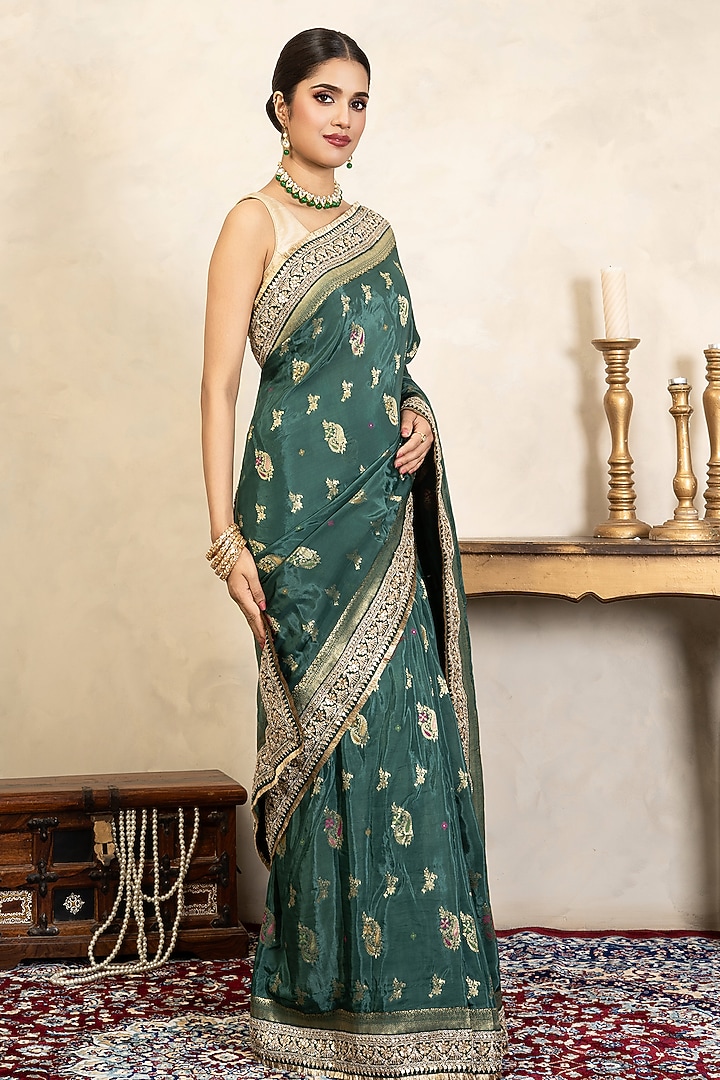 Teal Green Pure Katan Silk Banarasi Party Wear Saree Set by Zal From Benaras at Pernia's Pop Up Shop