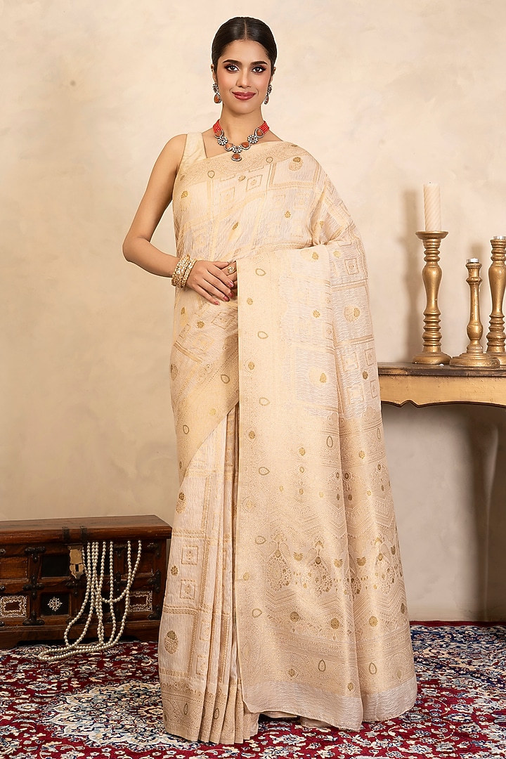 Beige Pure Silk Banarasi Party Wear Saree Set by Zal From Benaras at Pernia's Pop Up Shop