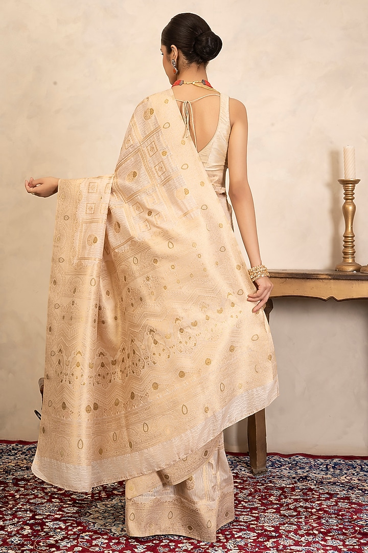 Beige Pure Silk Banarasi Party Wear Saree Set by Zal From Benaras at Pernia's Pop Up Shop