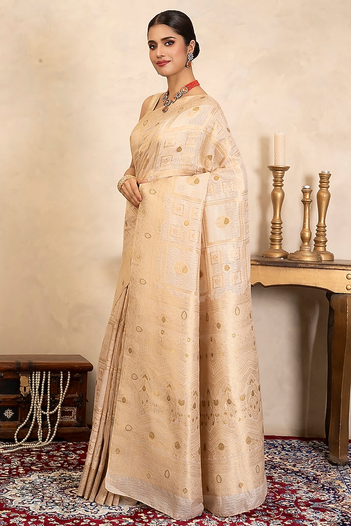 Beige Pure Silk Banarasi Party Wear Saree Set by Zal From Benaras at Pernia's Pop Up Shop