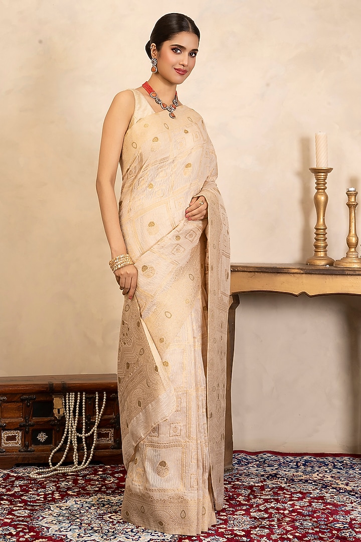 Beige Pure Silk Banarasi Party Wear Saree Set by Zal From Benaras at Pernia's Pop Up Shop