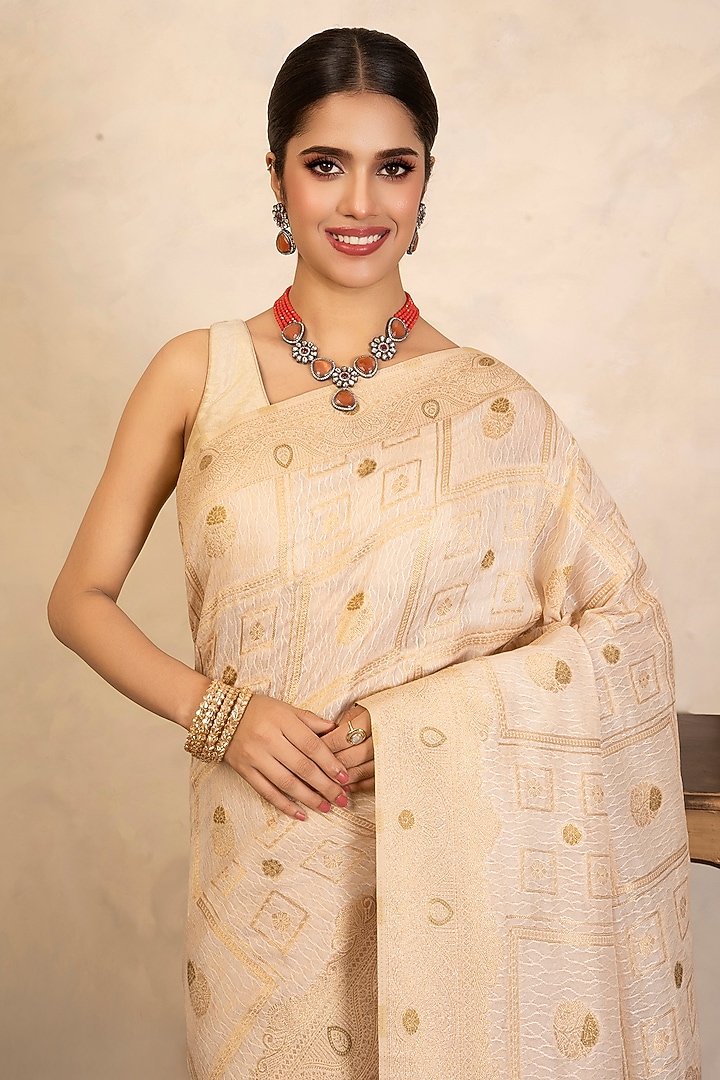 Beige Pure Silk Banarasi Party Wear Saree Set by Zal From Benaras at Pernia's Pop Up Shop