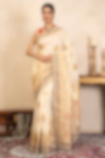 Cream Pure Katan Silk Banarasi Hand Embroidered Party Wear Saree Set by Zal From Benaras at Pernia's Pop Up Shop