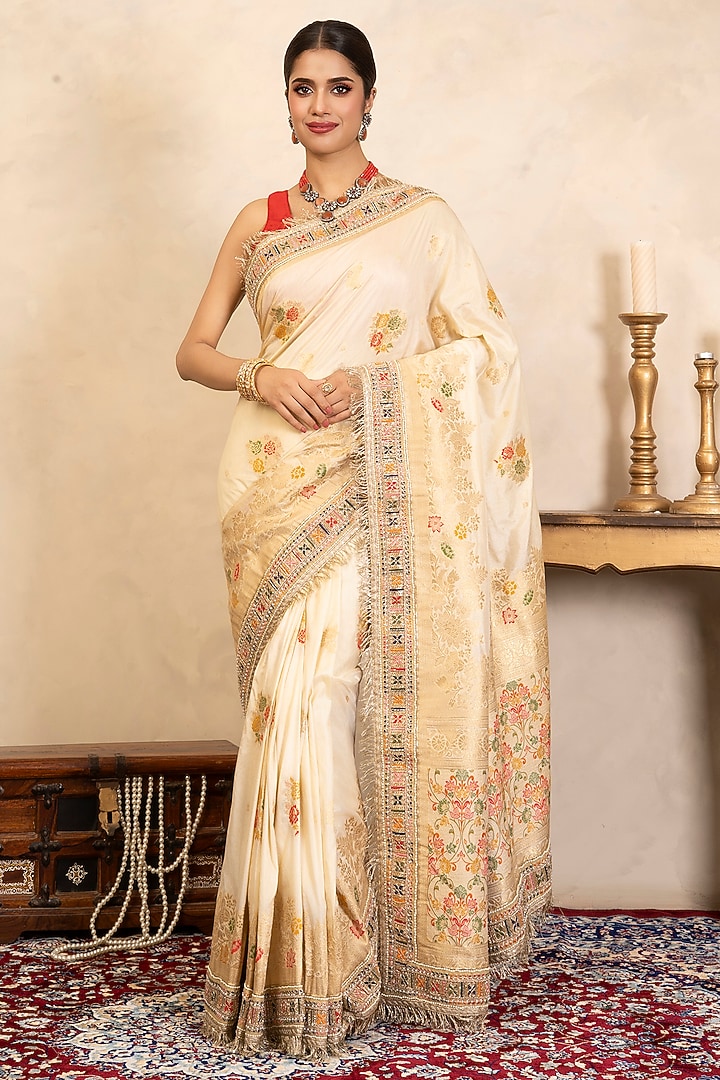 Cream Pure Katan Silk Banarasi Hand Embroidered Party Wear Saree Set by Zal From Benaras at Pernia's Pop Up Shop