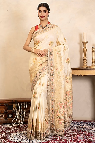 Cream Pure Katan Silk Banarasi Hand Embroidered Saree Set by Zal From Benaras