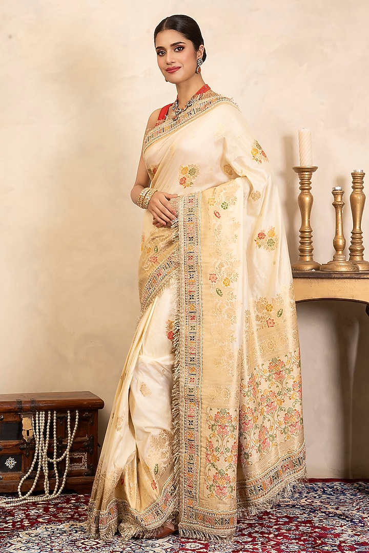 Cream Pure Katan Silk Banarasi Hand Embroidered Party Wear Saree Set by Zal From Benaras at Pernia's Pop Up Shop