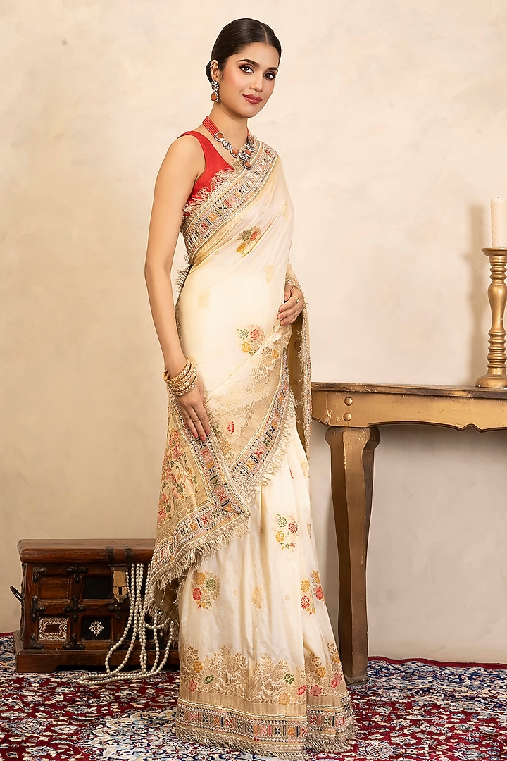Cream Pure Katan Silk Banarasi Hand Embroidered Party Wear Saree Set by Zal From Benaras at Pernia's Pop Up Shop