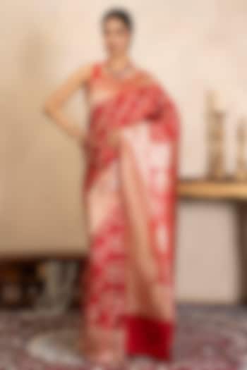 Red Pure Katan Satin Banarasi Party Wear Saree Set by Zal From Benaras at Pernia's Pop Up Shop
