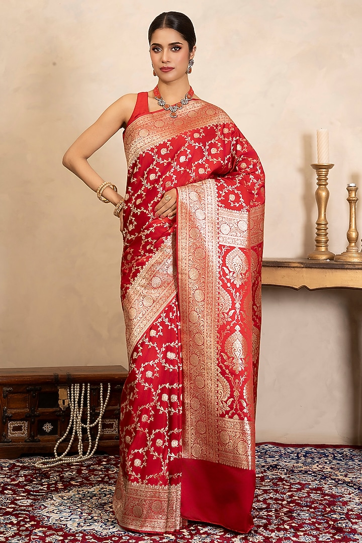 Red Pure Katan Satin Banarasi Party Wear Saree Set by Zal From Benaras at Pernia's Pop Up Shop