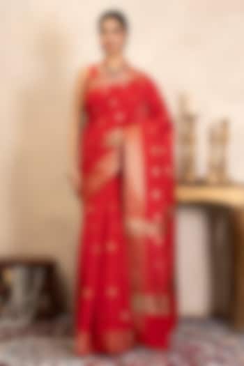 Red Chiffon Banarasi Party Wear Saree Set by Zal From Benaras at Pernia's Pop Up Shop