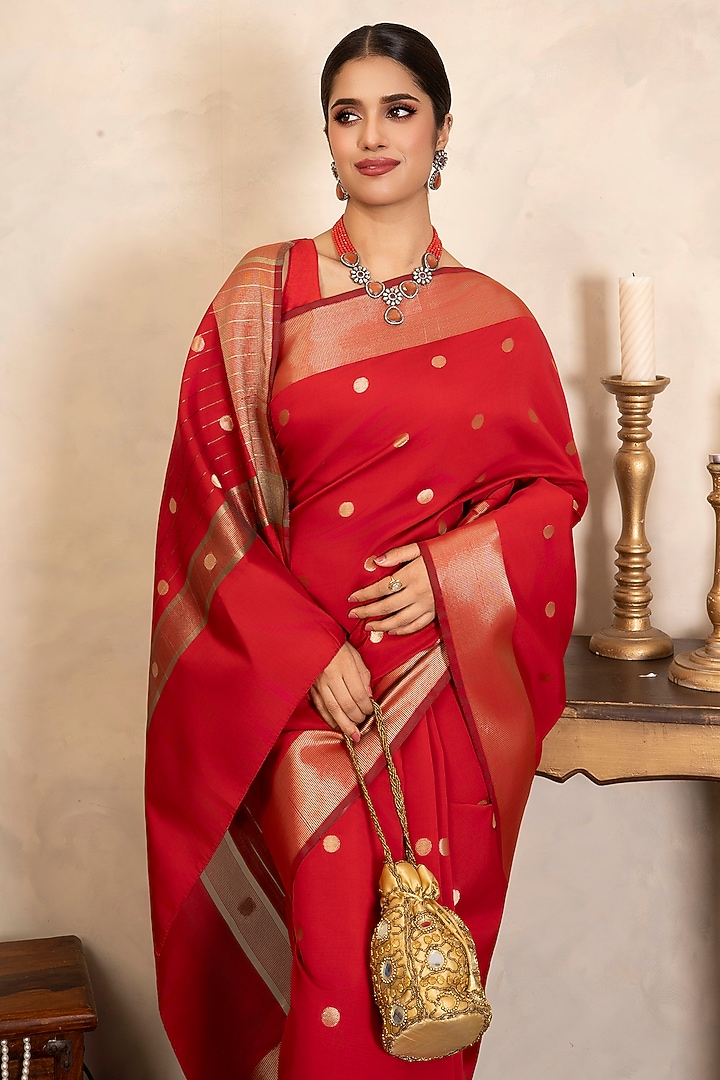 Red Chiffon Banarasi Party Wear Saree Set by Zal From Benaras at Pernia's Pop Up Shop