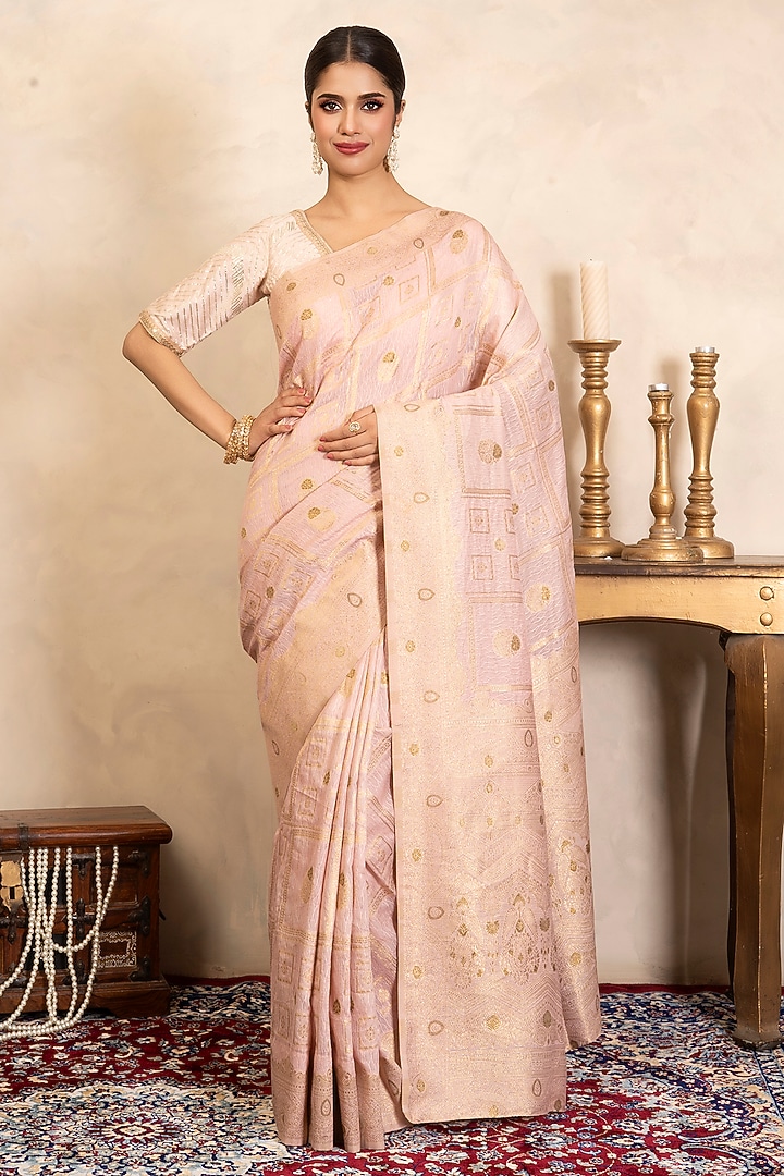 Baby Pink Pure Silk Banarasi Zari Work Party Wear Saree Set by Zal From Benaras at Pernia's Pop Up Shop