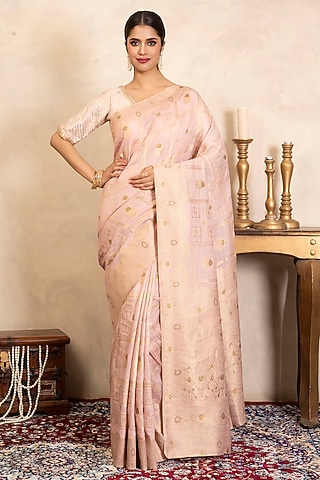 Baby Pink Pure Silk Banarasi Zari Work Saree Set by Zal From Benaras