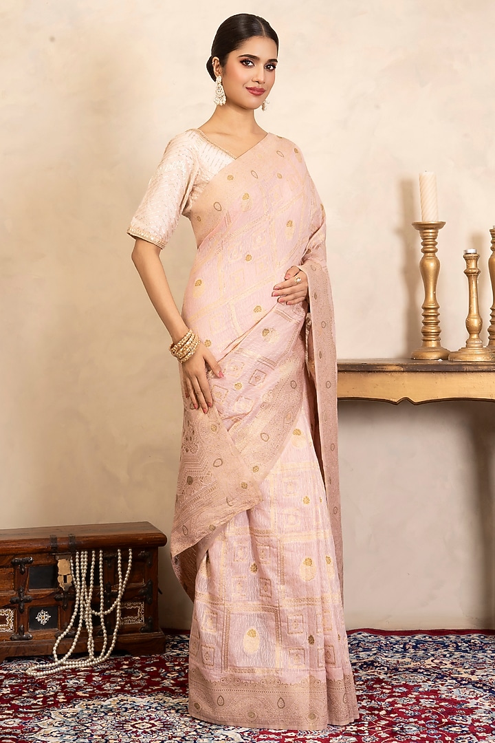 Baby Pink Pure Silk Banarasi Zari Work Party Wear Saree Set by Zal From Benaras at Pernia's Pop Up Shop